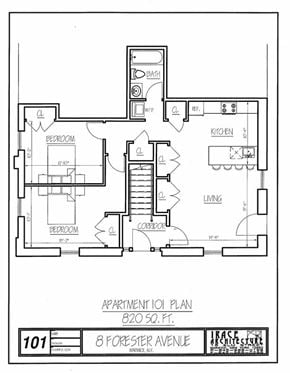 Warwick apartment for rent - Apartment 101 plan shows a 820 square feet living space.