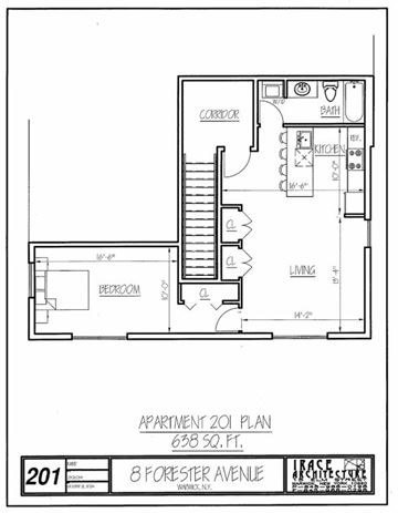 Warwick apartment for rent - A floor plan for apartment 201 at 8 Forester Avenue shows a living room, a kitchen, a bathroom, and a bedroom.
