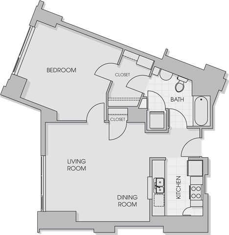 Floor plan for 1 bed, 1 bath, 762 sqft