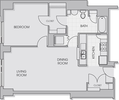 Floor plan for 1 bed, 1 bath, 808 sqft