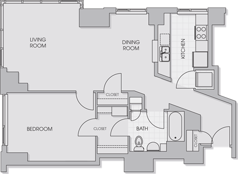 Floor plan for 1 bed, 1 bath, 847 sqft