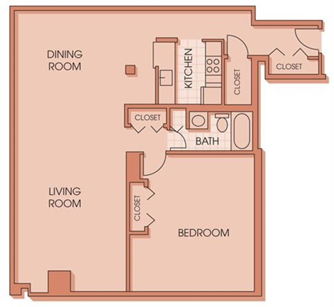 Floor plan for 1 bed, 1 bath, 910 sqft