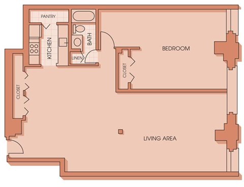 Floor plan for 1 bed, 1 bath, 1407 sqft