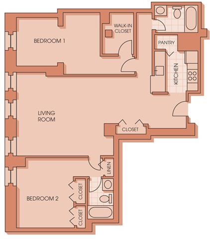 Floor plan for 2 beds, 2 baths, 1274 sqft