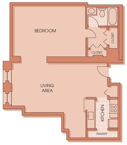 Floor plan for studio, 1 bath, 890 sqft