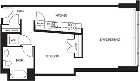 Floor plan for 1 bed, 1 bath, 742 sqft
