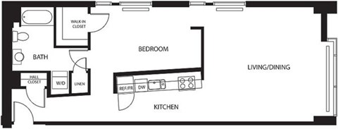 Floor plan for 1 bed, 1 bath, 842 sqft