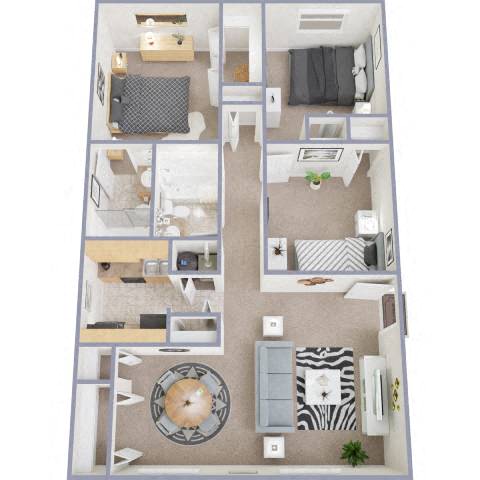 Floor plan for 3 beds, 2 baths, 1062 sqft