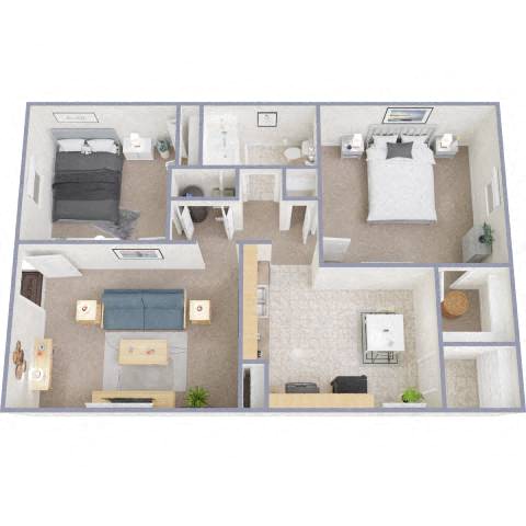 Floor plan for 2 beds, 1 bath, 878 sqft