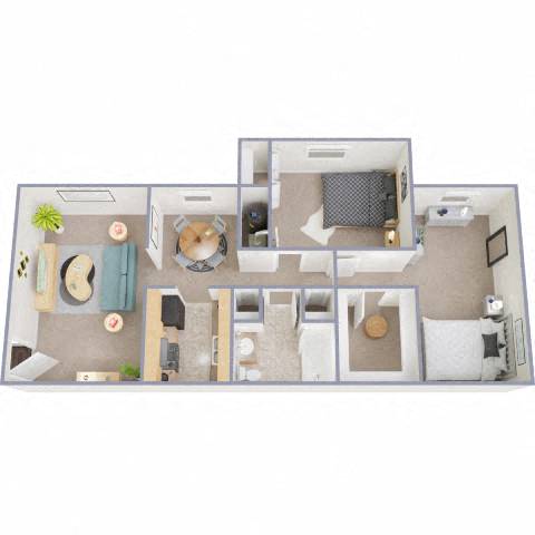 Floor plan for 2 beds, 1 bath, 871 sqft