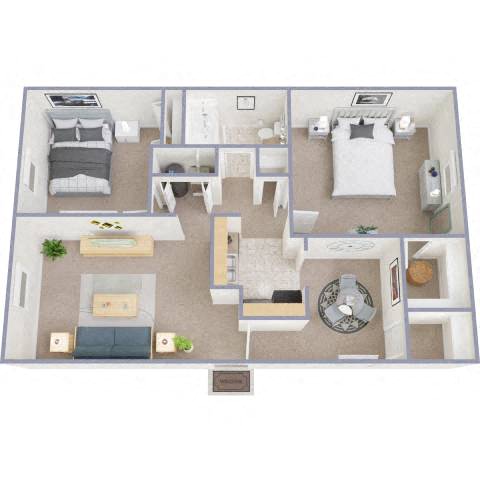 Floor plan for 2 beds, 1 bath, 878 sqft