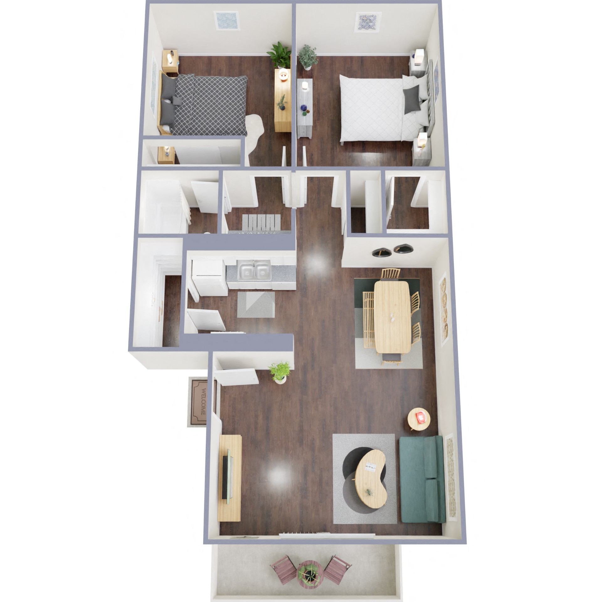 Floor plan for 2 beds, 1 bath, 818 sqft