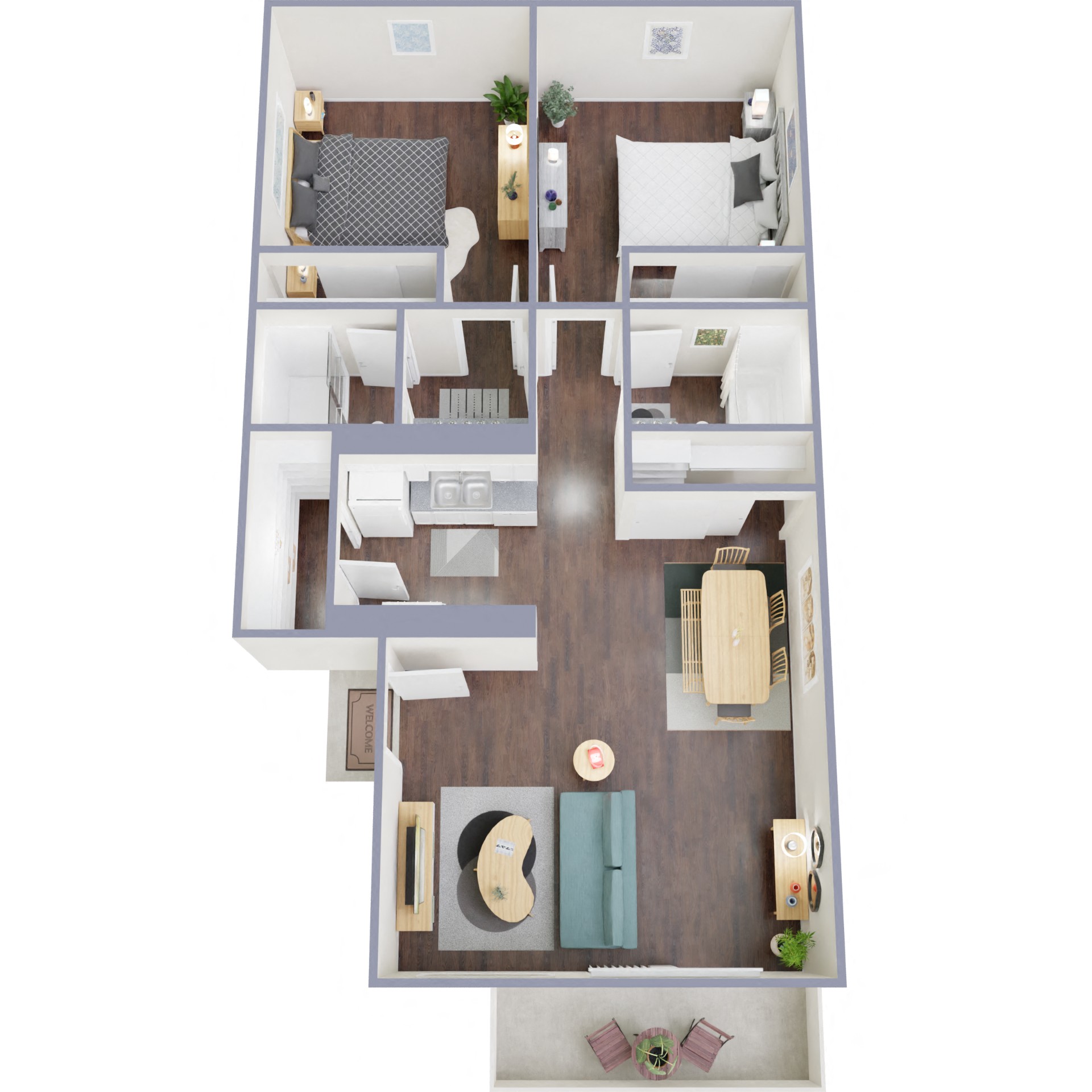 Floor plan for 2 beds, 2 baths, 818 sqft