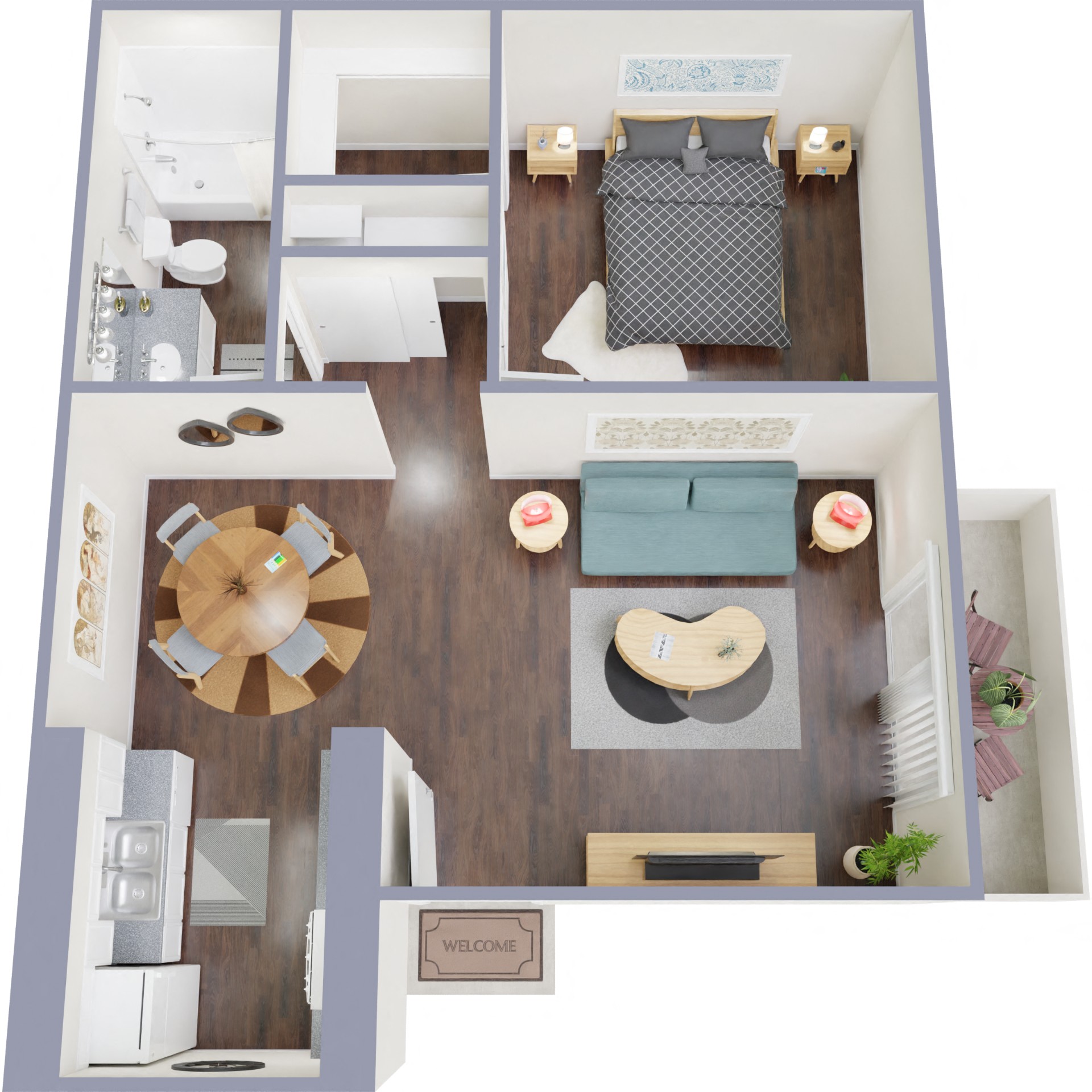 Floor plan for 1 bed, 1 bath, 609 sqft