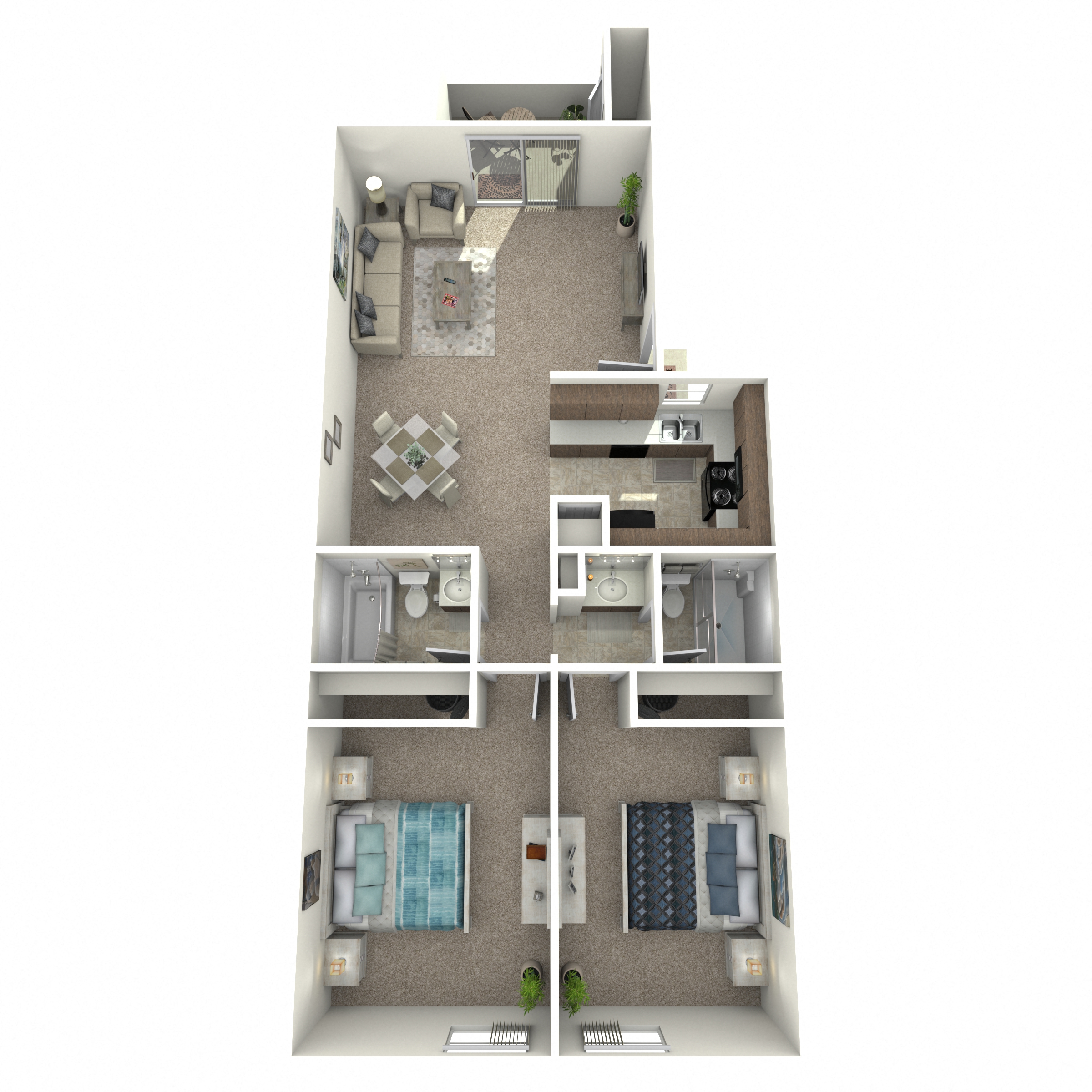 Floor plan for 2 beds, 1.8 baths, 863 sqft