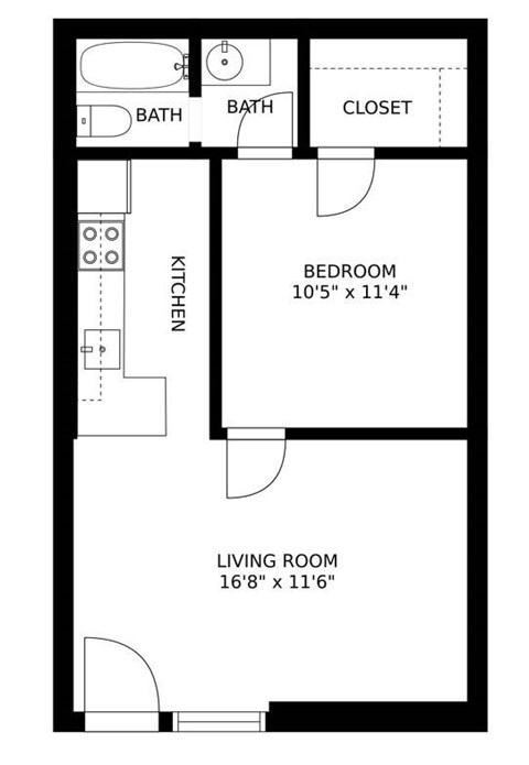Floor plan for 1 bed, 1 bath, 530 sqft