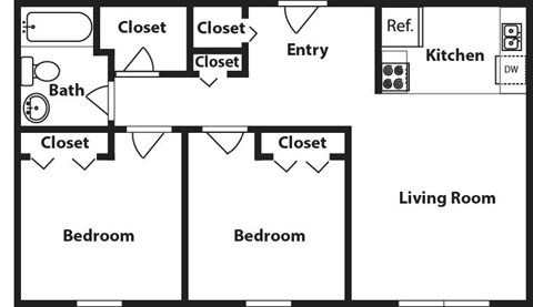 Floor plan for 2 beds, 1 bath, 725 sqft