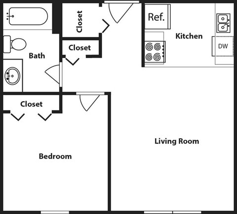 Floor plan for 1 bed, 1 bath, 500 sqft