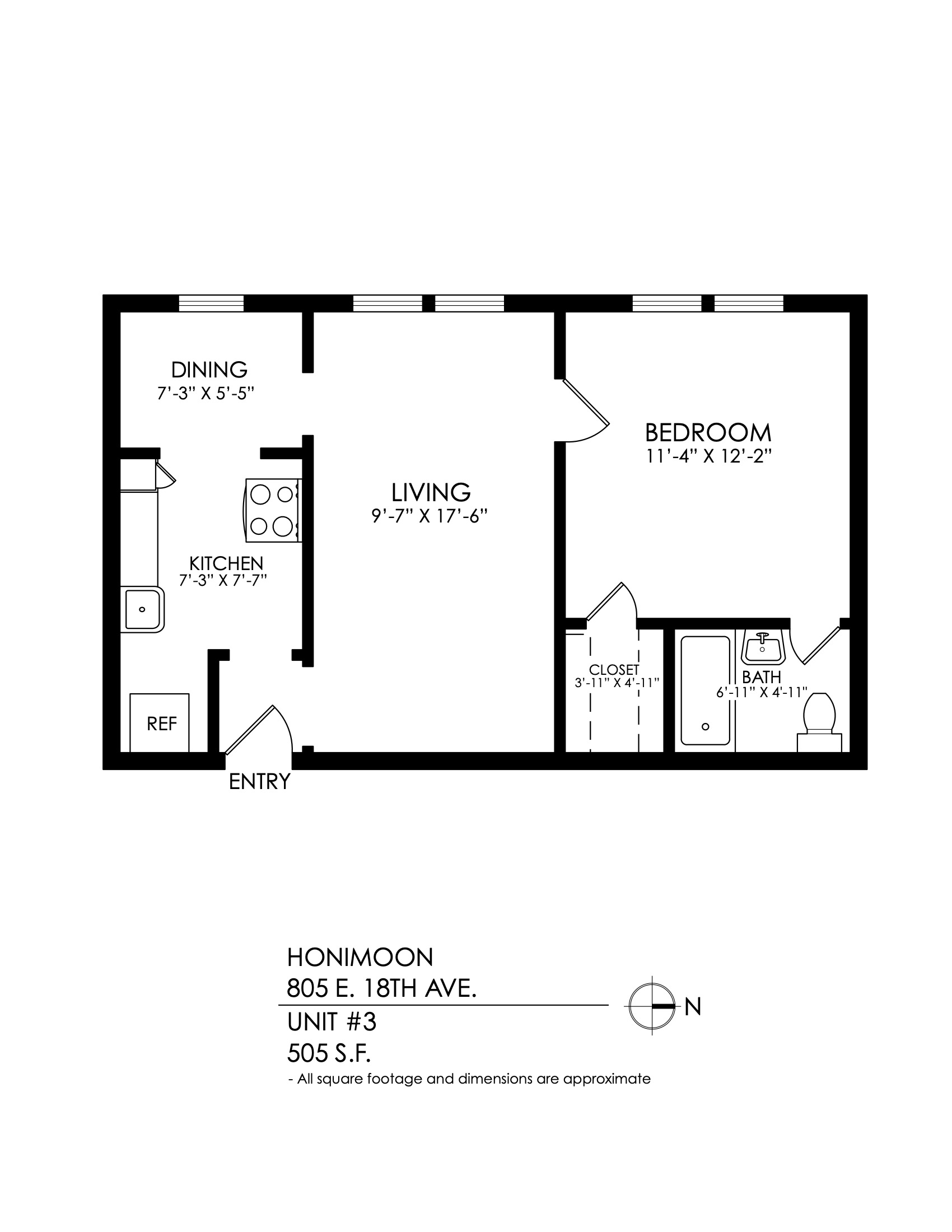 Floor plan for 1 bed, 1 bath, 515 sqft