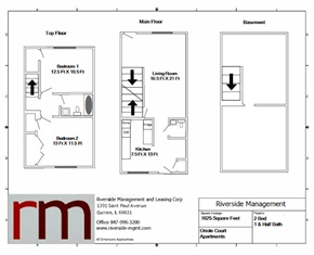 Grayslake apartment for rent - A floor plan for an apartment complex with a top floor, main floor, and basement.