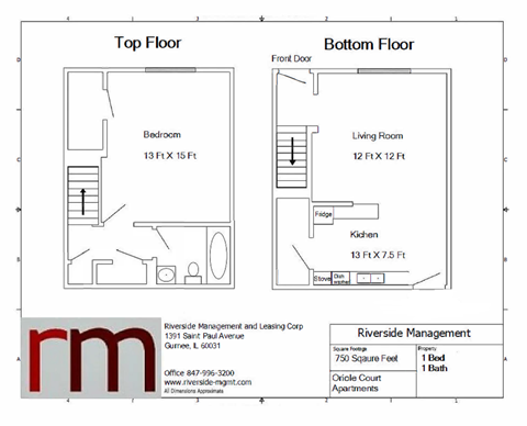 Floor plan for 1 bed, 1 bath, 750 sqft