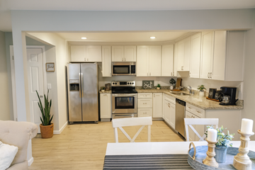 San Jose apartment for rent - A modern kitchen with white cabinets and stainless steel appliances.