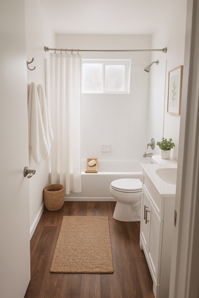 San Jose apartment for rent - A white bathroom with a toilet, sink, and shower.