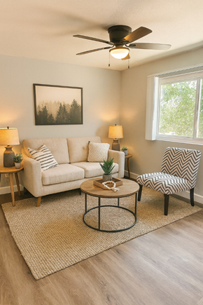 San Jose apartment for rent - A living room with a white couch, a coffee table, and a ceiling fan.