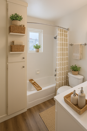 San Jose apartment for rent - A white bathroom with a wooden cabinet and a white toilet.