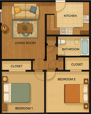San Jose apartment for rent - A floor plan of a house showing a living room, kitchen, bathroom, two closets, and two bedrooms.