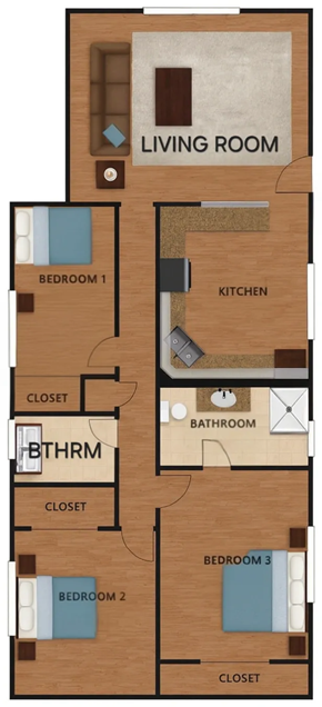 San Jose apartment for rent - A floor plan of a home with a living room, kitchen, bathroom, and three bedrooms.