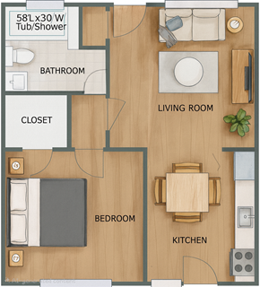 San Jose apartment for rent - A floor plan of a 58L x 30W apartment with a tub/shower, bathroom, living room, kitchen, and bedroom.