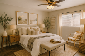 San Jose apartment for rent - A bedroom with a large bed, a chair, and a ceiling fan.