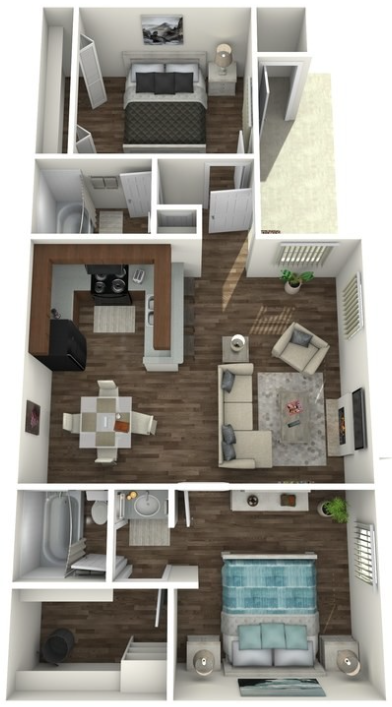 Floor plan for 2 beds, 2 baths, 855 sqft