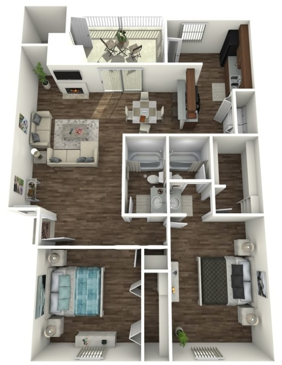 Floor plan for 2 beds, 2 baths, 1075 sqft