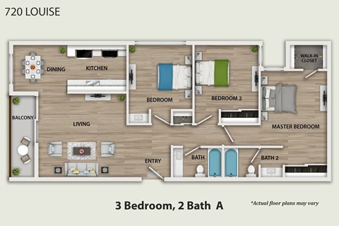 Floor plan for 3 beds, 2 baths, 1300 sqft