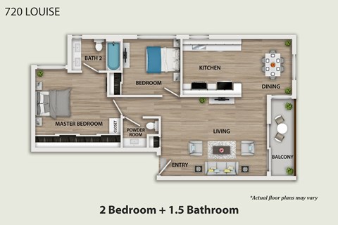 Floor plan for 2 beds, 1.5 baths, 1000 sqft