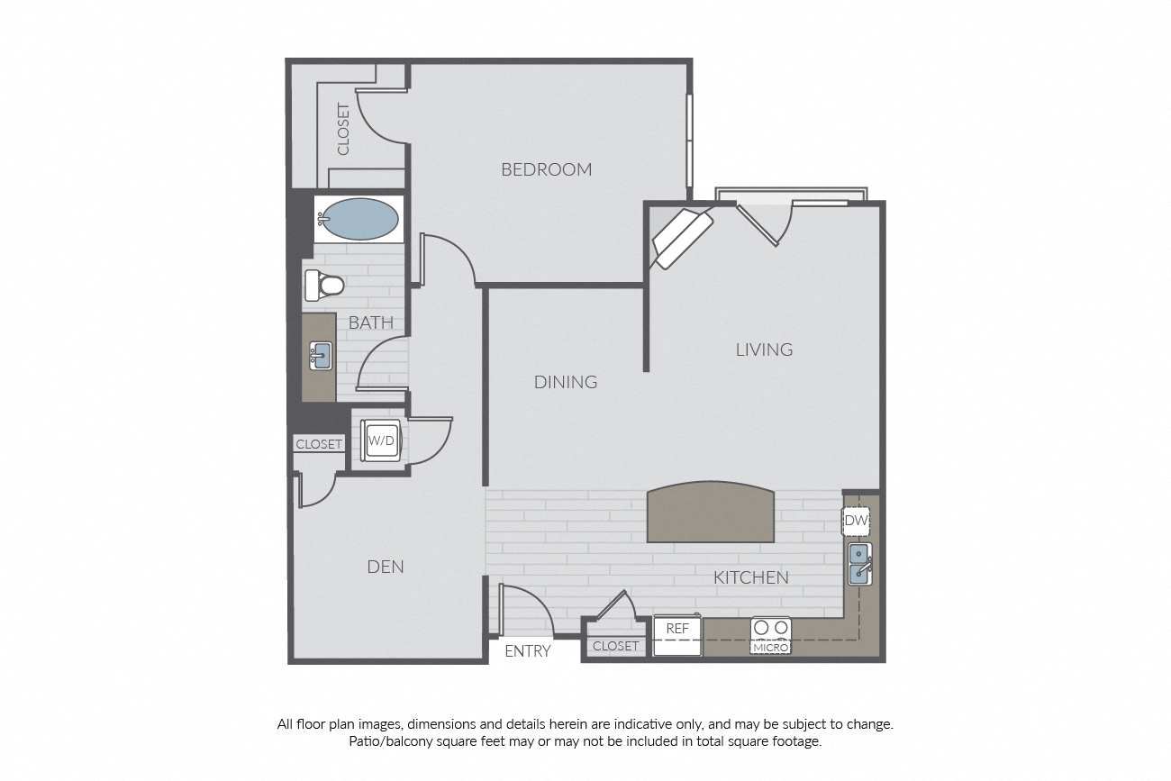 Floor plan for 1 bed, 1 bath, 970 sqft