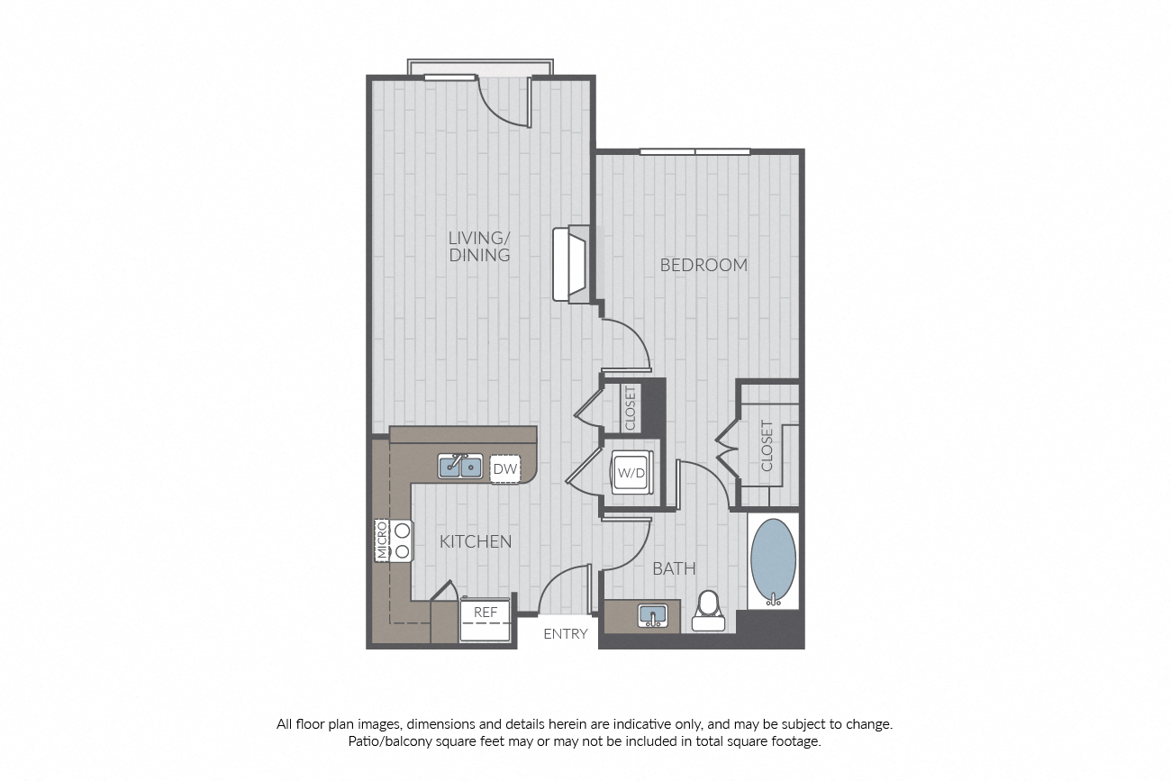 Floor plan for 1 bed, 1 bath, 701 sqft