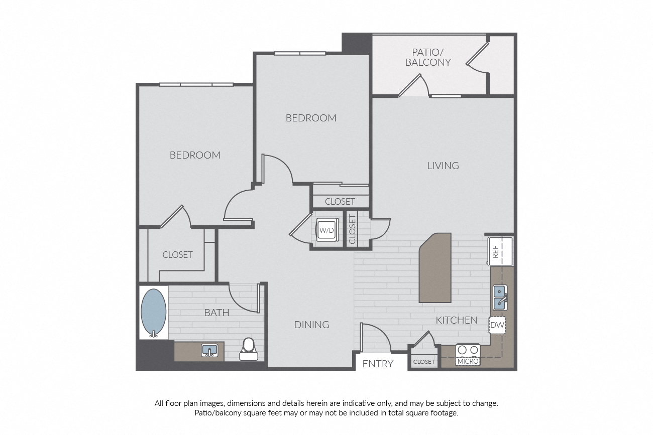 Floor plan for 2 beds, 1 bath, 1002 sqft
