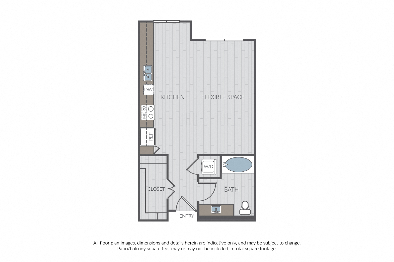 Floor plan for studio, 1 bath, 571 sqft