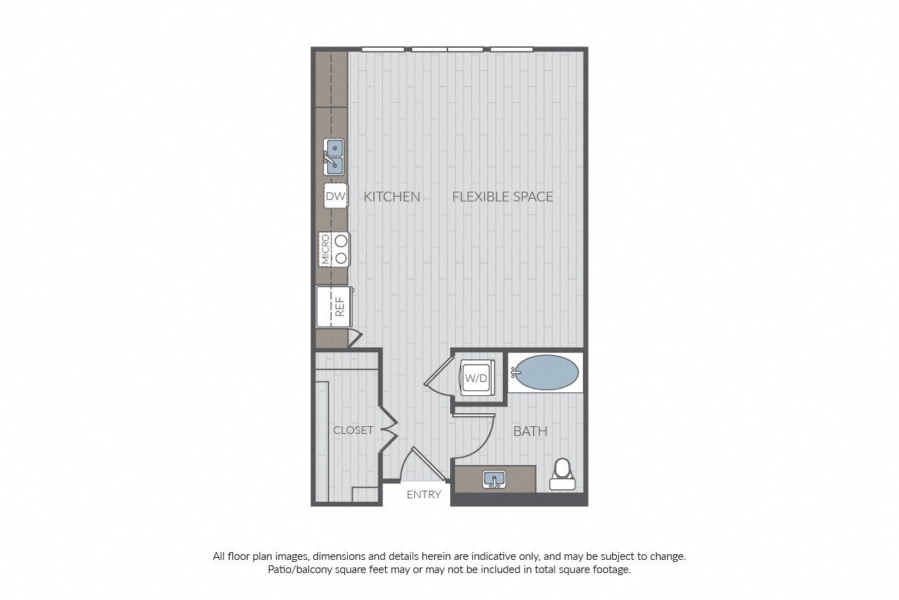 Floor plan for studio, 1 bath, 602 sqft