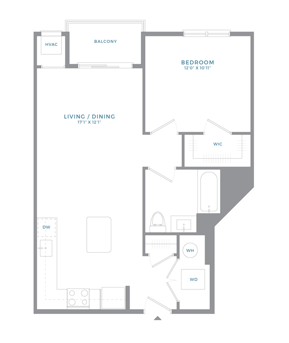 Floor plan for 1 bed, 1 bath, 715 sqft