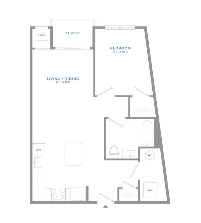 Floor plan for 1 bed, 1 bath, 716 sqft