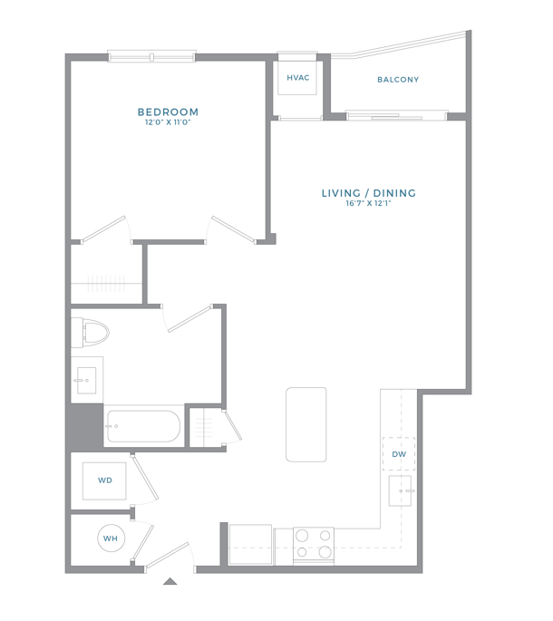 Floor plan for 1 bed, 1 bath, 737 sqft