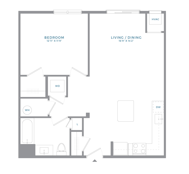 Floor plan for 1 bed, 1 bath, 784 sqft