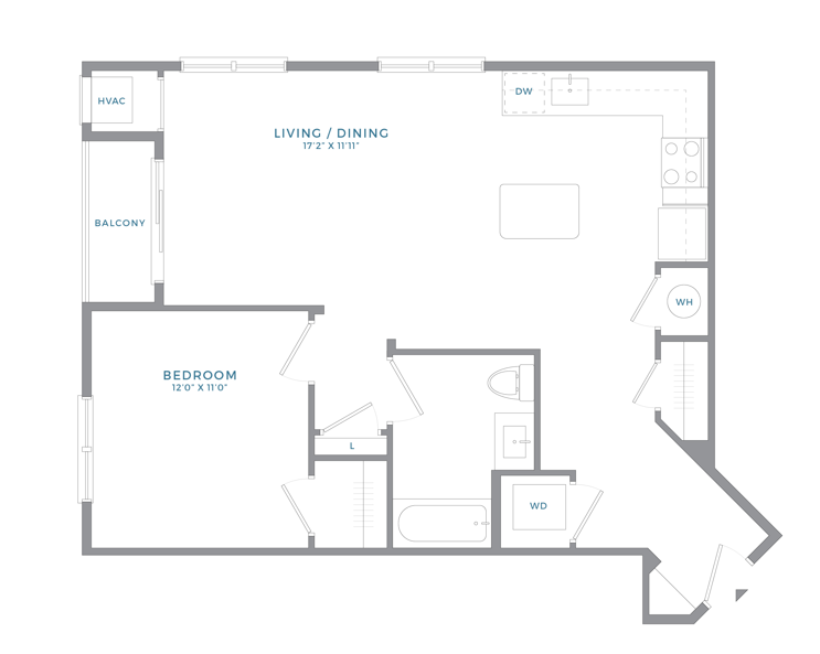 Floor plan for 1 bed, 1 bath, 791 sqft