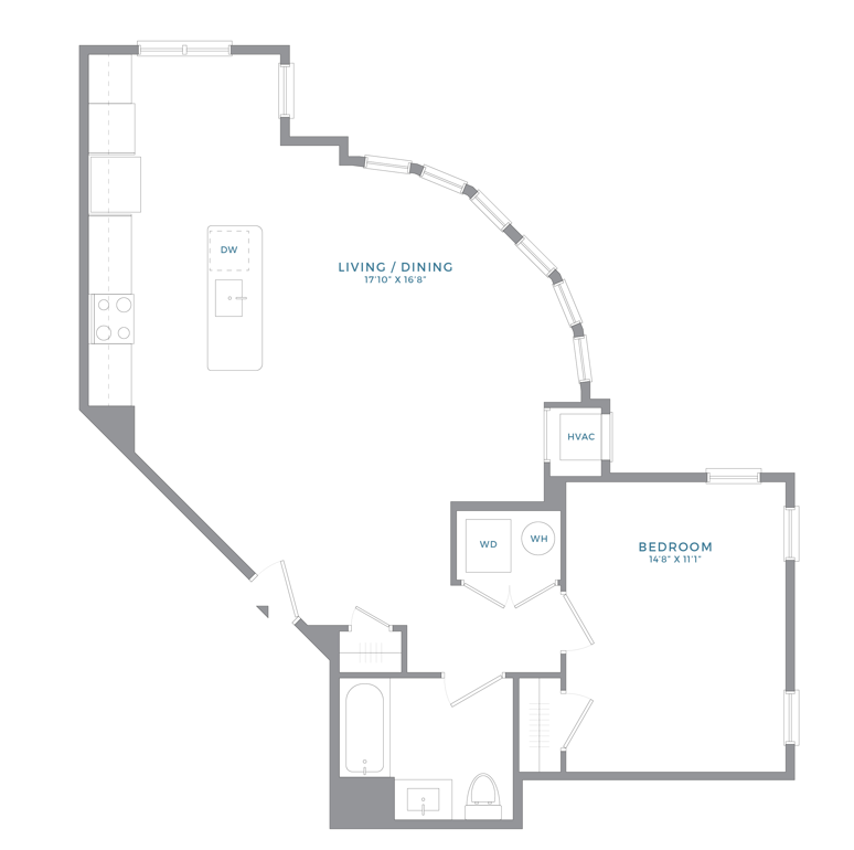 Floor plan for 1 bed, 1 bath, 820 sqft