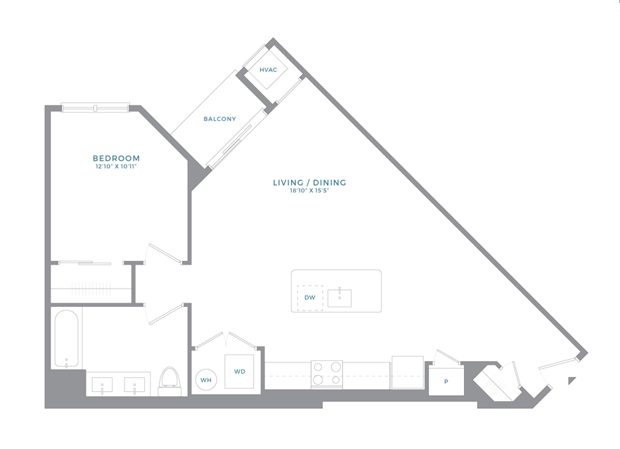 Floor plan for 1 bed, 1 bath, 823 sqft