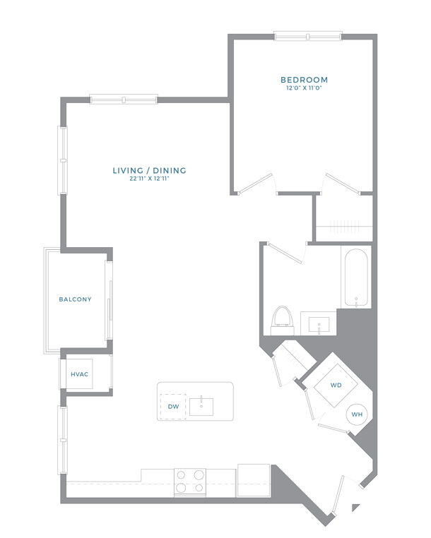 Floor plan for 1 bed, 1 bath, 832 sqft